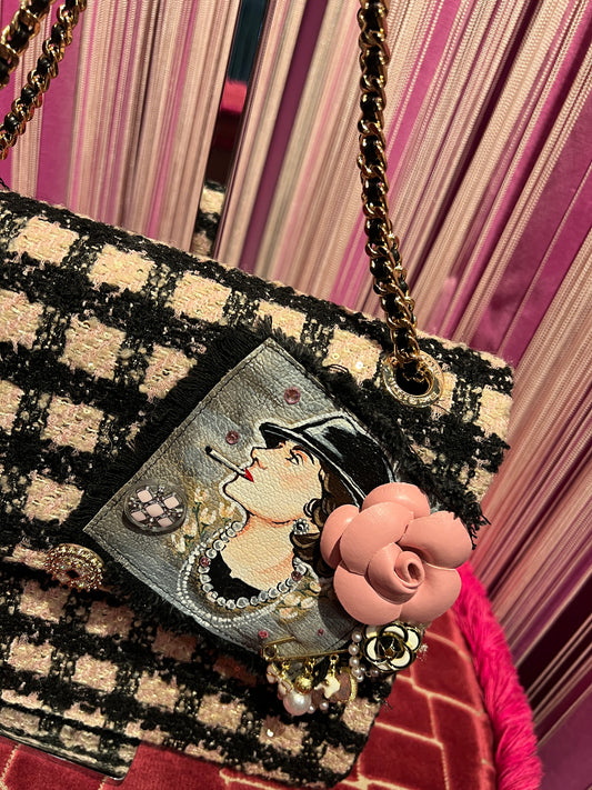 Minime Paris borsa tweed nera e rosa doppia catena