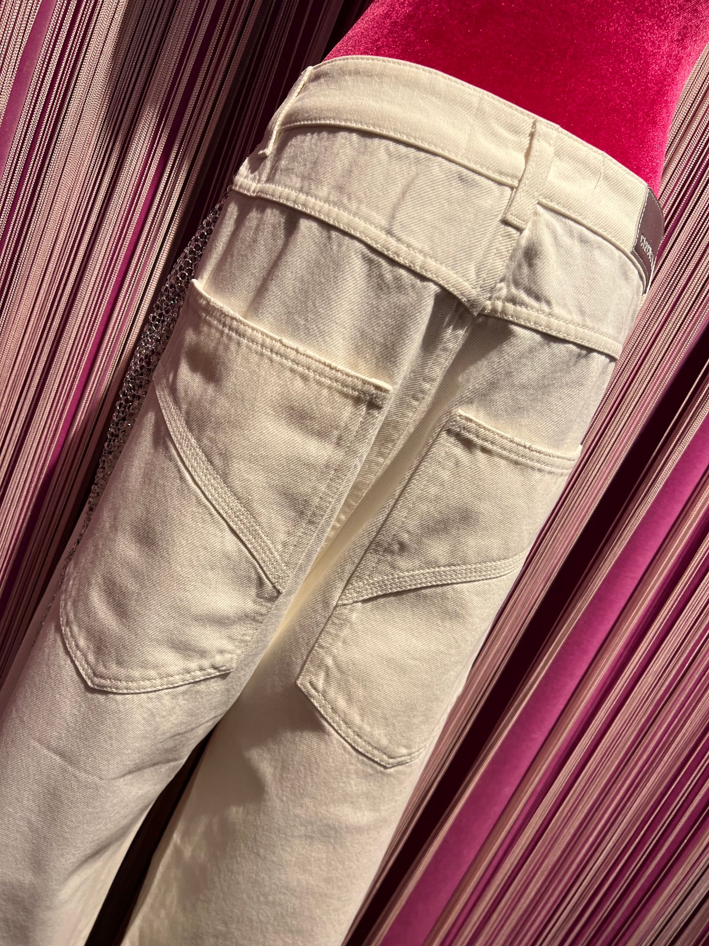 Circus Hotel pantalone tessuto denim panna con decorazioni laterali retina con cristalli