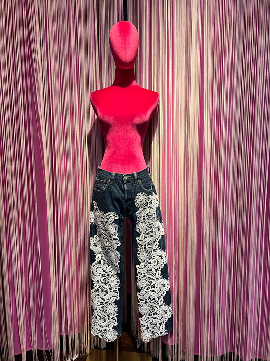 5 Proprio -50% di sconto jeans vintage m denim con applicazione pizzo bianco