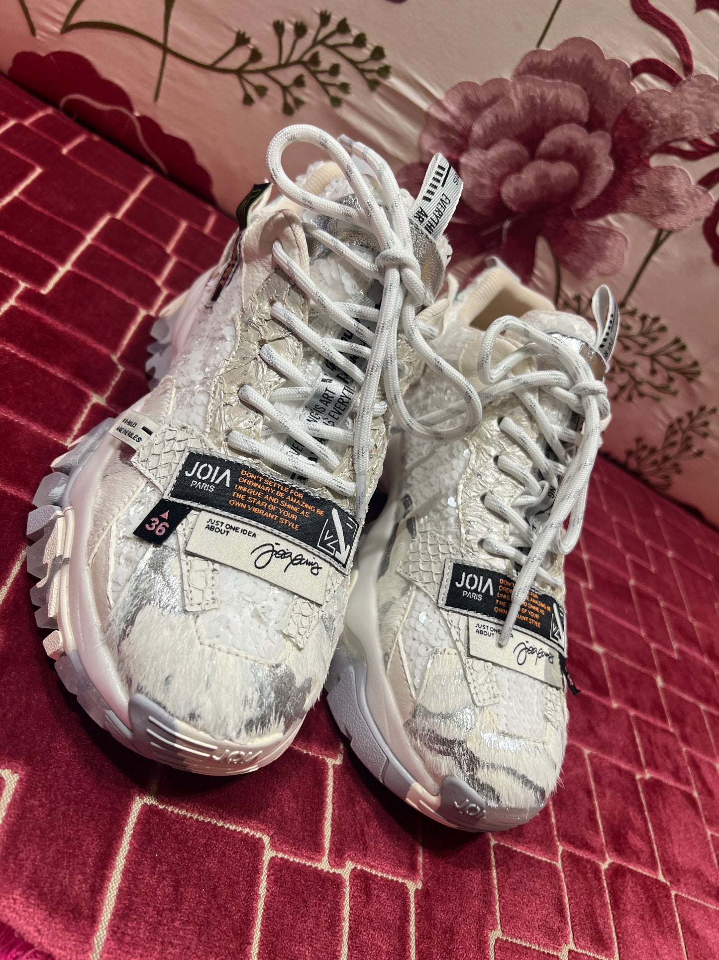 Joia Paris sneaker multimateriale  , tessuto tecnico, paillettes, cavallino, pelle