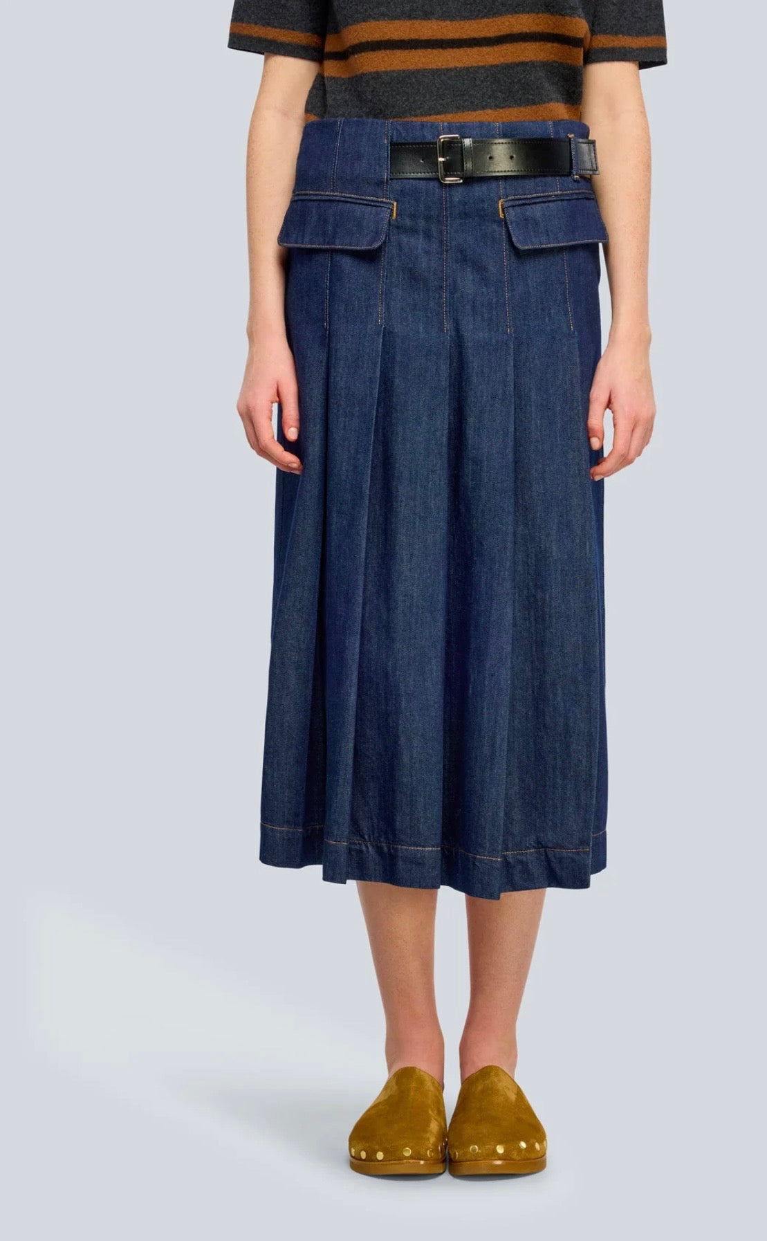 Semicouture gonna in denim midi con pieghe e cinturino in vita
