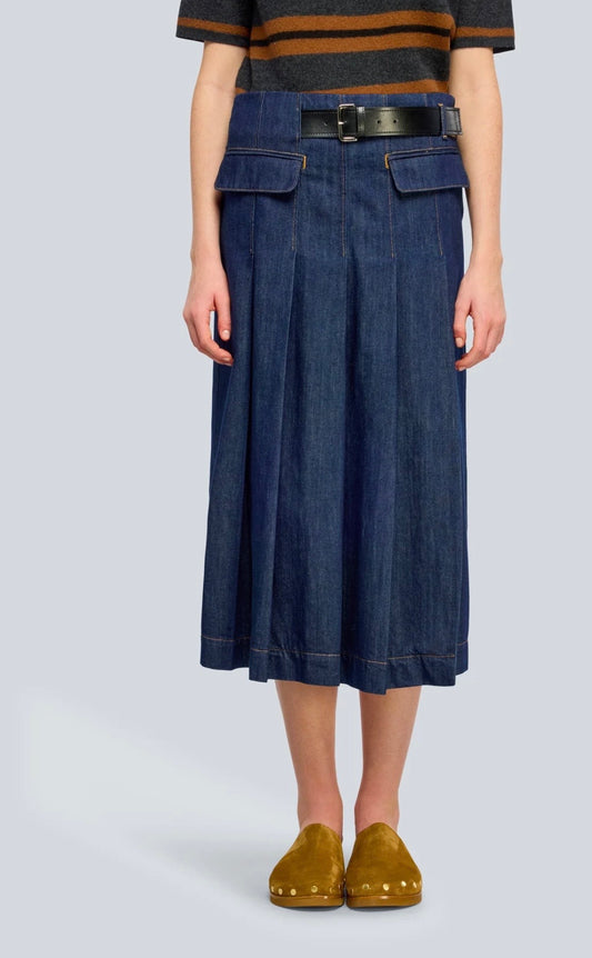 Semicouture gonna in denim midi con pieghe e cinturino in vita