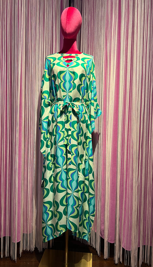 Sundress caftano fantasia astratta verde turchese e bianco