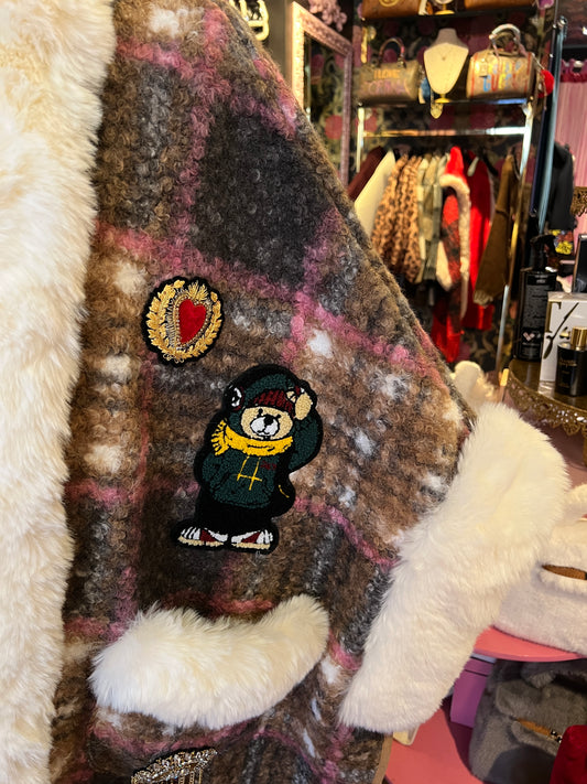 ABpink🩷 mantella boucle fantasia tartan con cappuccio, interno in ecopelliccia , patch teddy