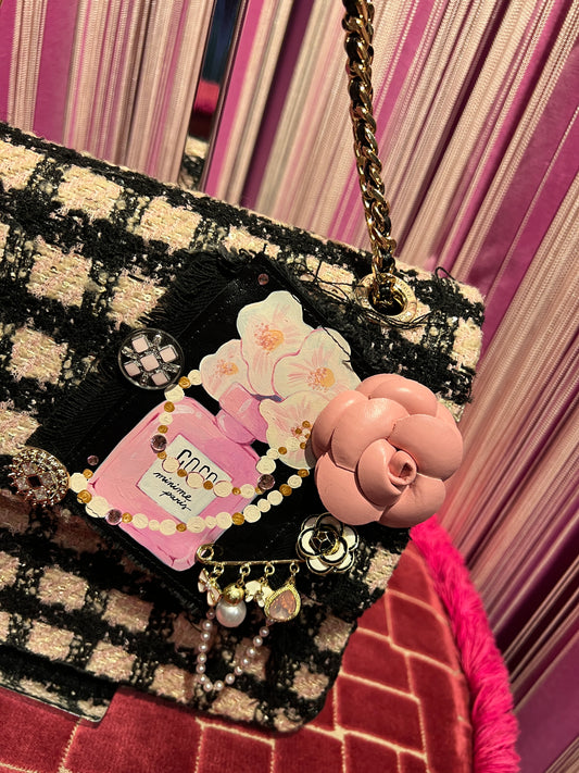 Minime Paris borsa tweed nera e rosa doppia catena