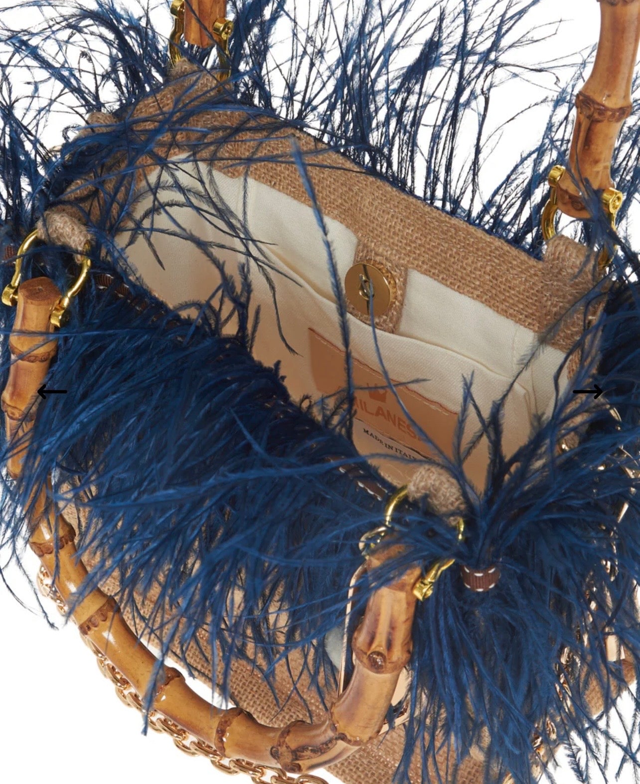 La Milanesa -30% di sconto borsa intrecciata in juta manici in bamboo tracollina dorata violetta small blu