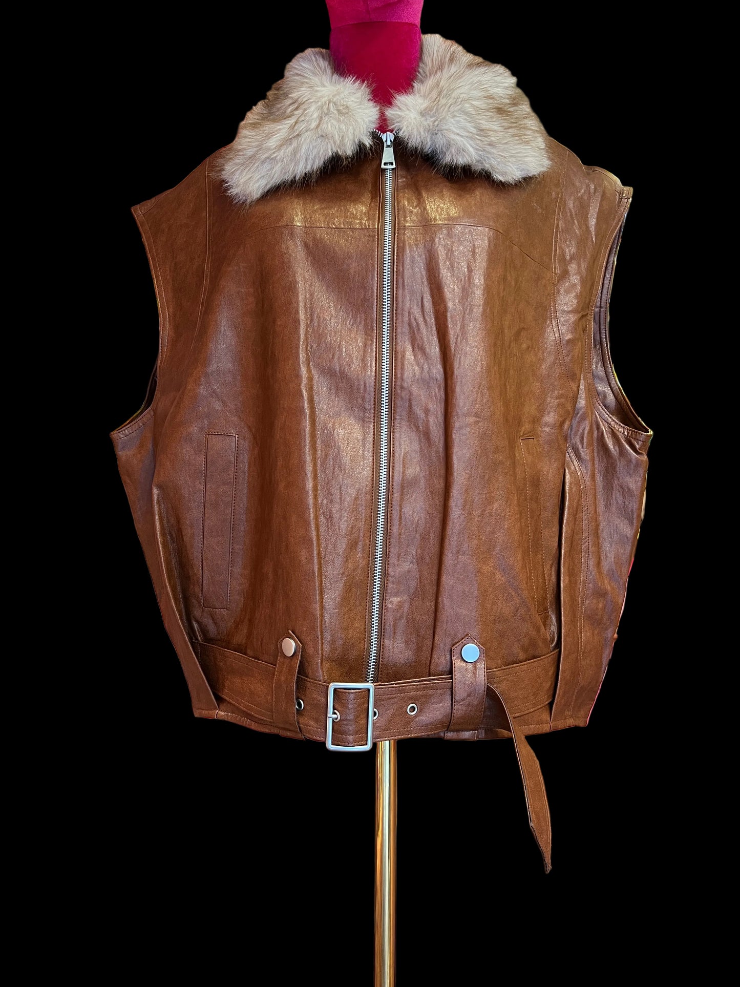 Mon amour Paris gilet ecopelle color cuoio con collo ecopelliccia rimovibile