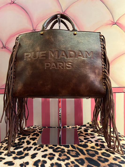 Rue Madam Paris borsa due manici vintage marrone con frange e tracolla Texas tote