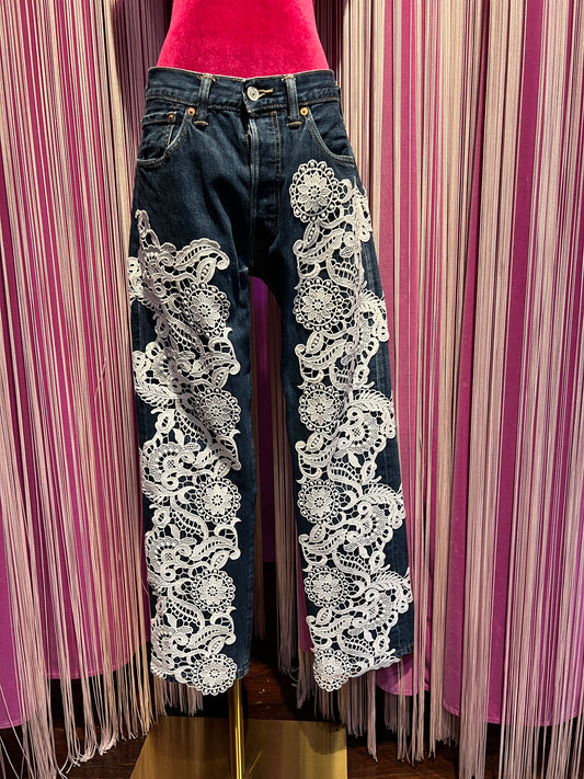 5 Proprio -50% di sconto jeans vintage m denim con applicazione pizzo bianco