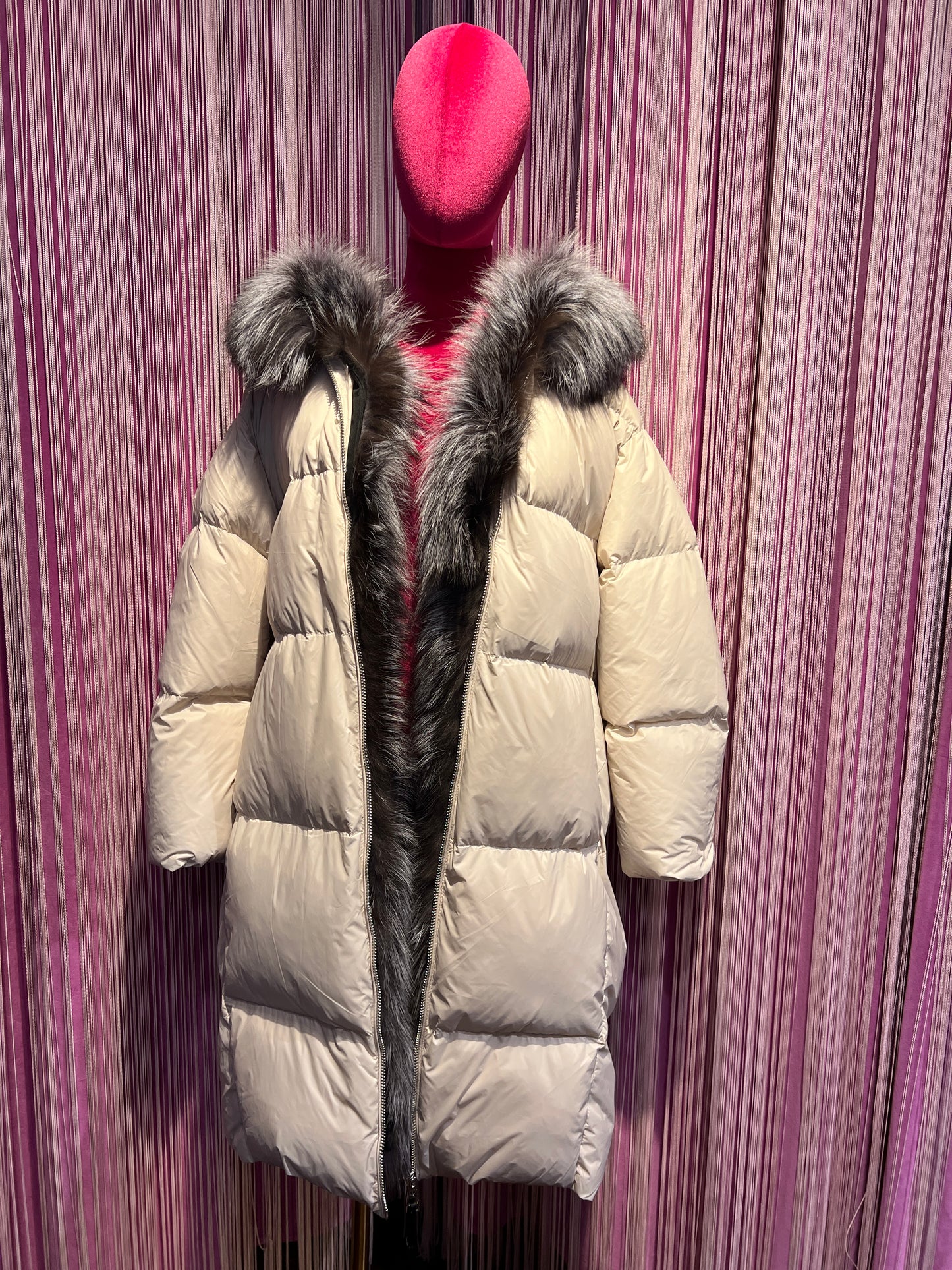 The room piumino lungo piuma d’oca con cappuccio,collo pelliccia rimovibile