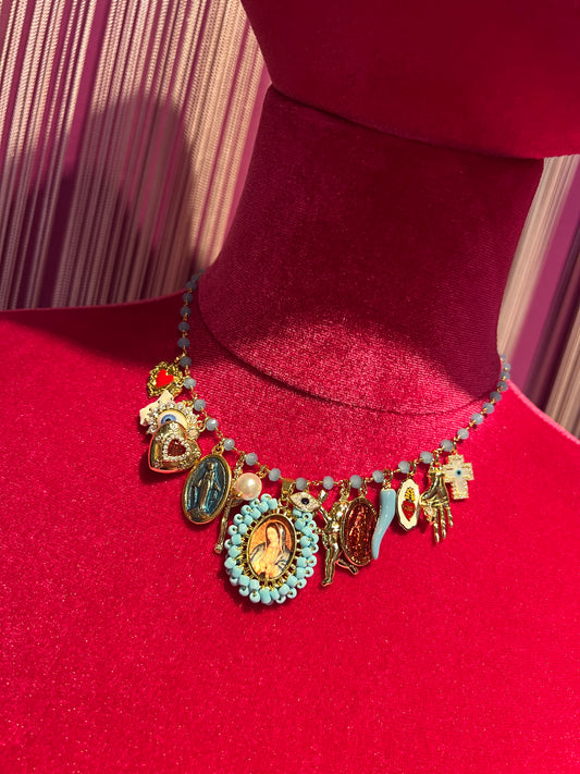 Principessa Glam collana girocollo perline celeste polvere cornetto celeste immagine sacra perline turchesi