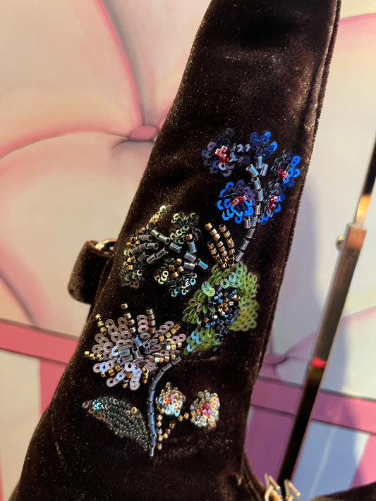 Love & roses borsa a spalla di velluto cioccolato con ricami floreali dí paillettes e perline stile orientale con tracollina