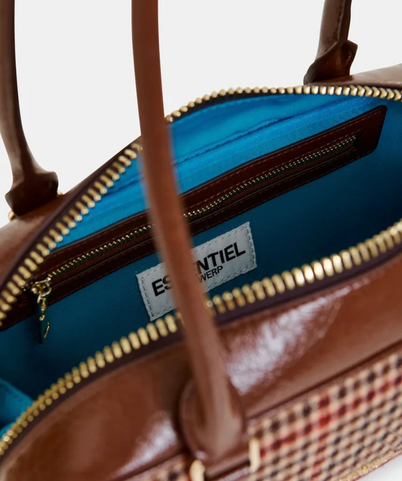 Essentiel antwerp borsa a baguette con tracolla marrone beige e rossa a quadri