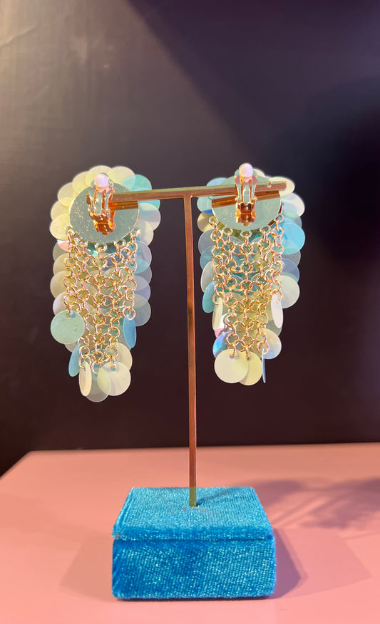 Orecchini clips fiore paillettes celeste