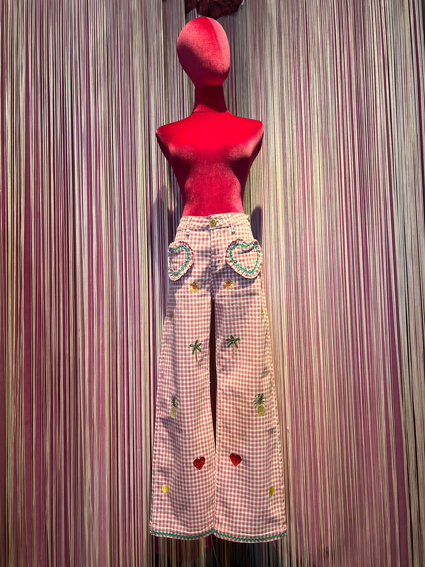 Love & roses pantalone a quadretti rosa e bianco tasche a cuore
