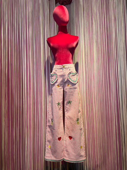 Love & roses pantalone a quadretti rosa e bianco tasche a cuore