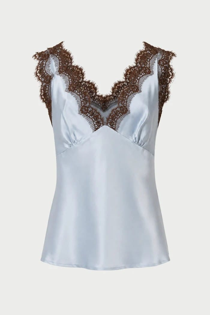 Pink memories top celeste scollo a V con pizzo marrone