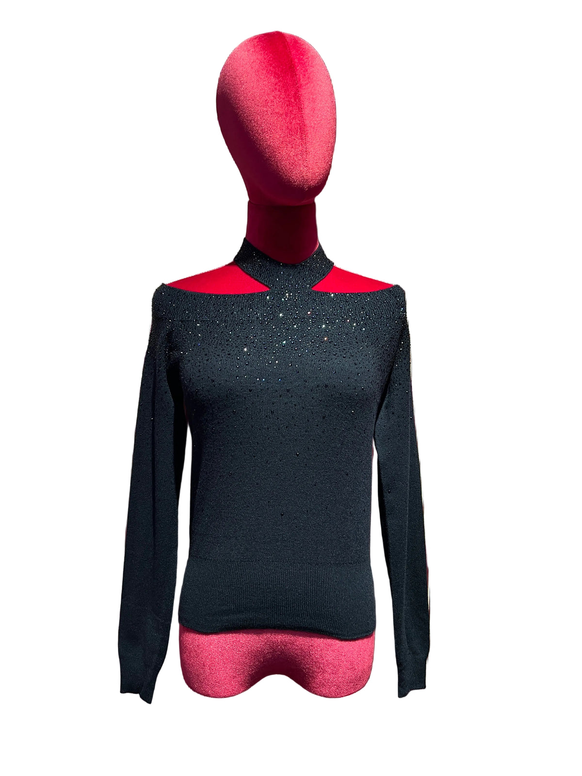 The room maglia blue con intreccio collo, oblo’ spalle scoperte con micro cristalli