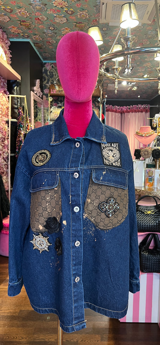 ABpink🩷 giacca camicia jeans con stoffa vintage marrone e patch