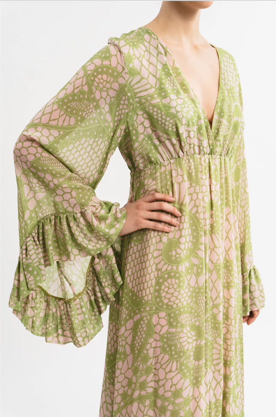 Pink Memories abito kimono stampa pizzo verde e rosa