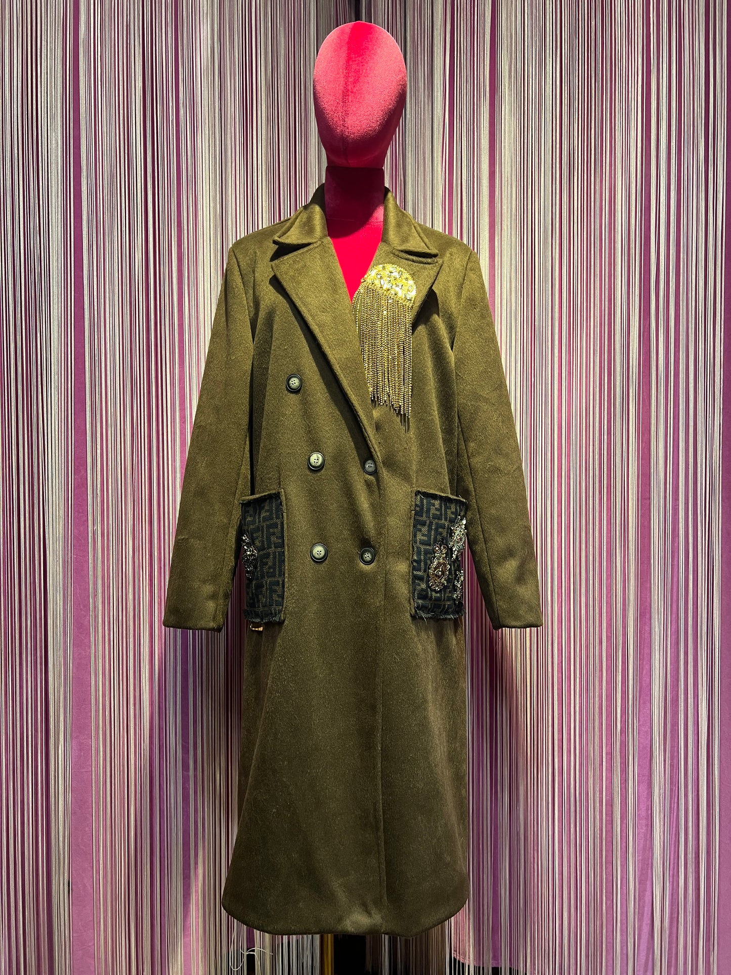 ABpink 🩷cappotto doppiopetto cioccolato patch perline e cristalli tessuto FF