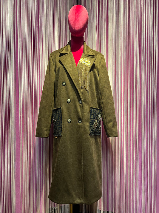 ABpink 🩷cappotto doppiopetto cioccolato patch perline e cristalli tessuto FF