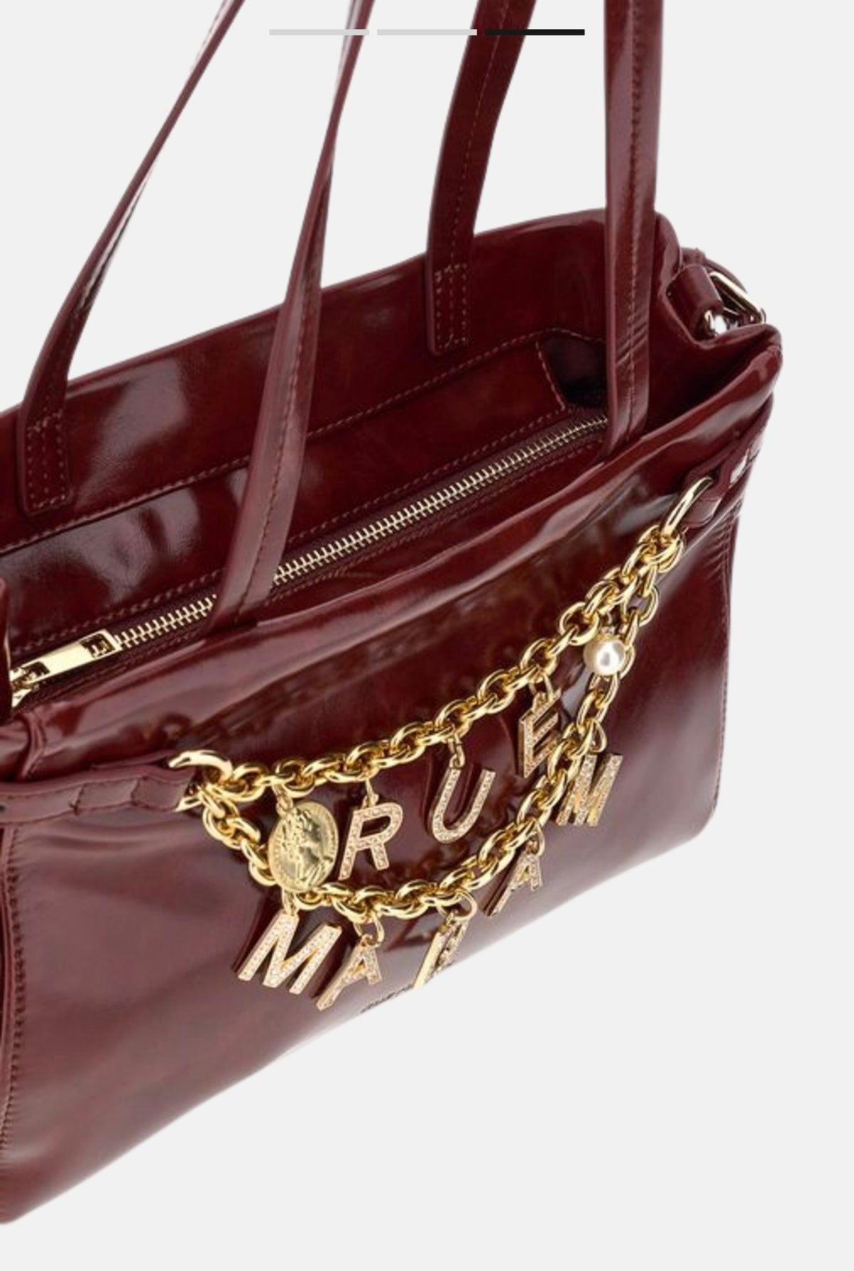 Rue Madam Paris borsa mini in ecopelle effetto vinile burgundi impreziosita da charms con doppia catena