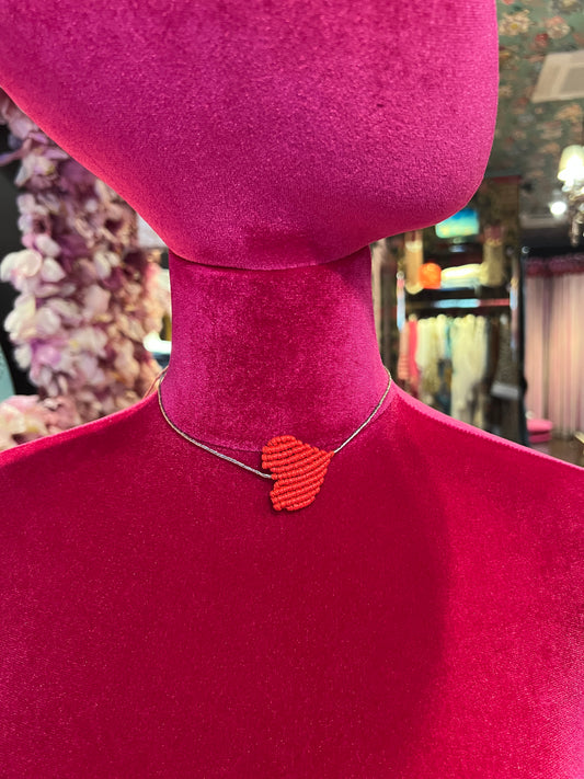 Collana cuore crochet regolabile rossa laccio argento