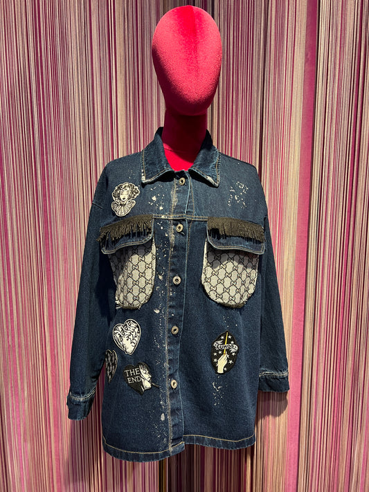 ABpink🩷 giacca camicia jeans stoffa vintage nera con patch