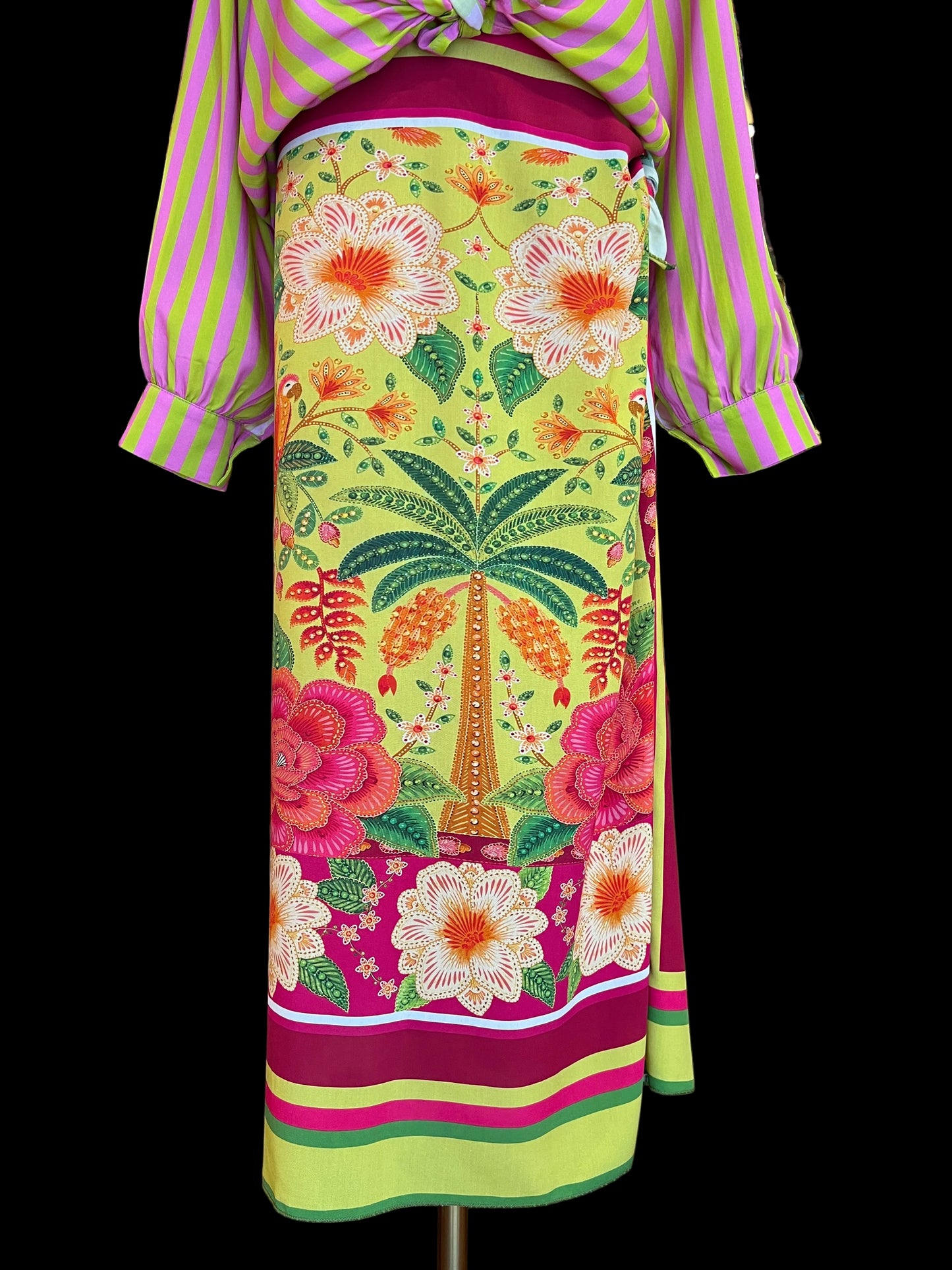 Mon amour Paris completo 100% viscosa camicia a righe e gonna fantasia con allacciatura laterale nodo