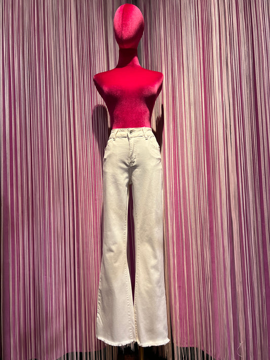 Love & roses jeans pantalone 5 tasche panna sfrangiato