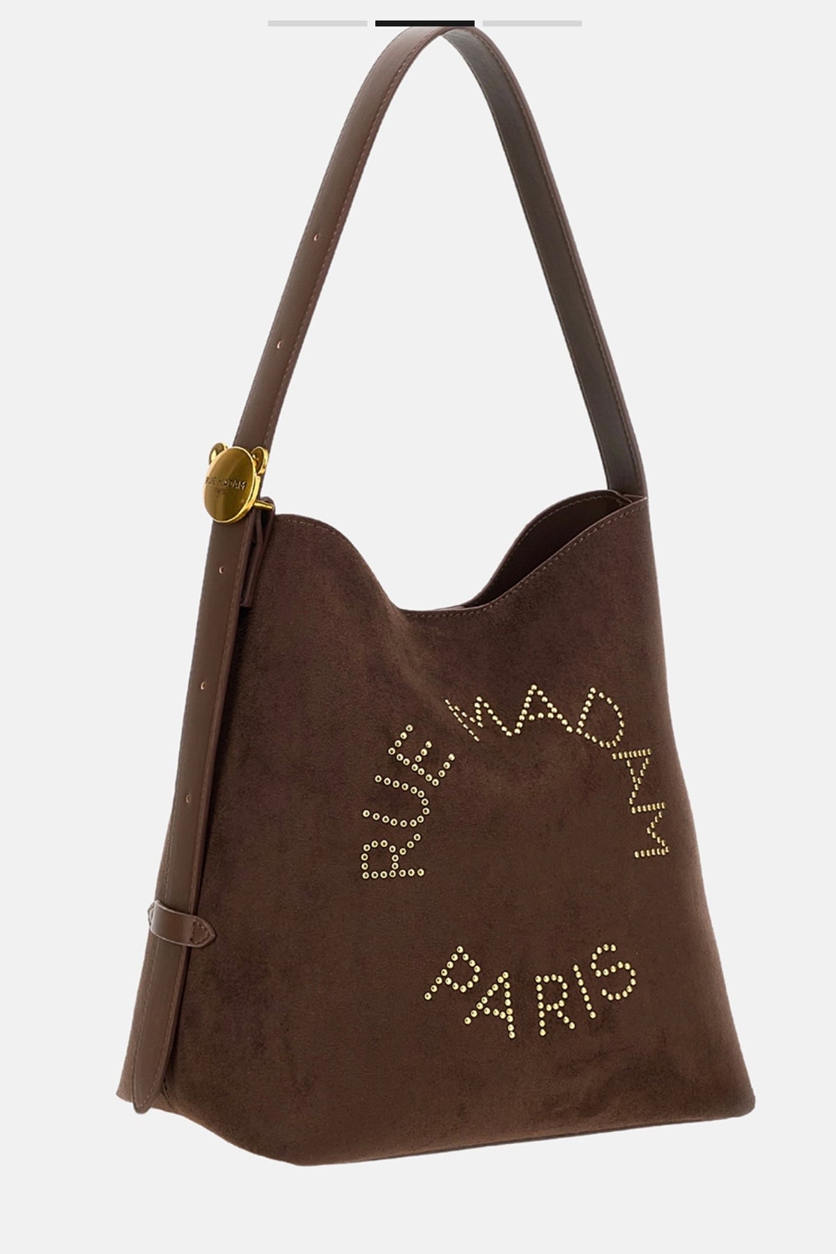 Rue Madam Paris borsa a  secchiello in eco suede cioccolato con logo con micro borchiette dorate