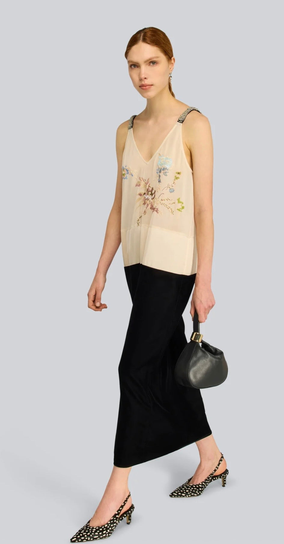 Semicouture abito in georgette ricamato nella parte superiore gonna in velluto nera