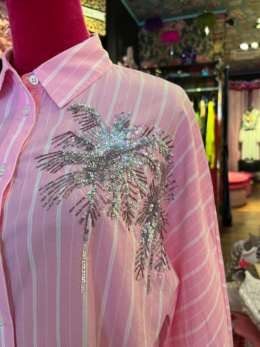 Essentiel antwerp camicia m/ l cotone righe rosa ricamo palme argento
