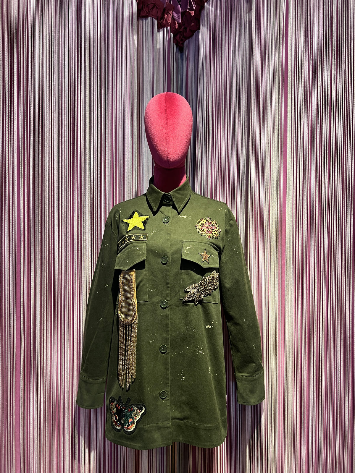 ABpink🩷 giacca Charlotte verde militare con patch stella paillettes gialla tigre fucsia sul retro vestibilita’ 40/44