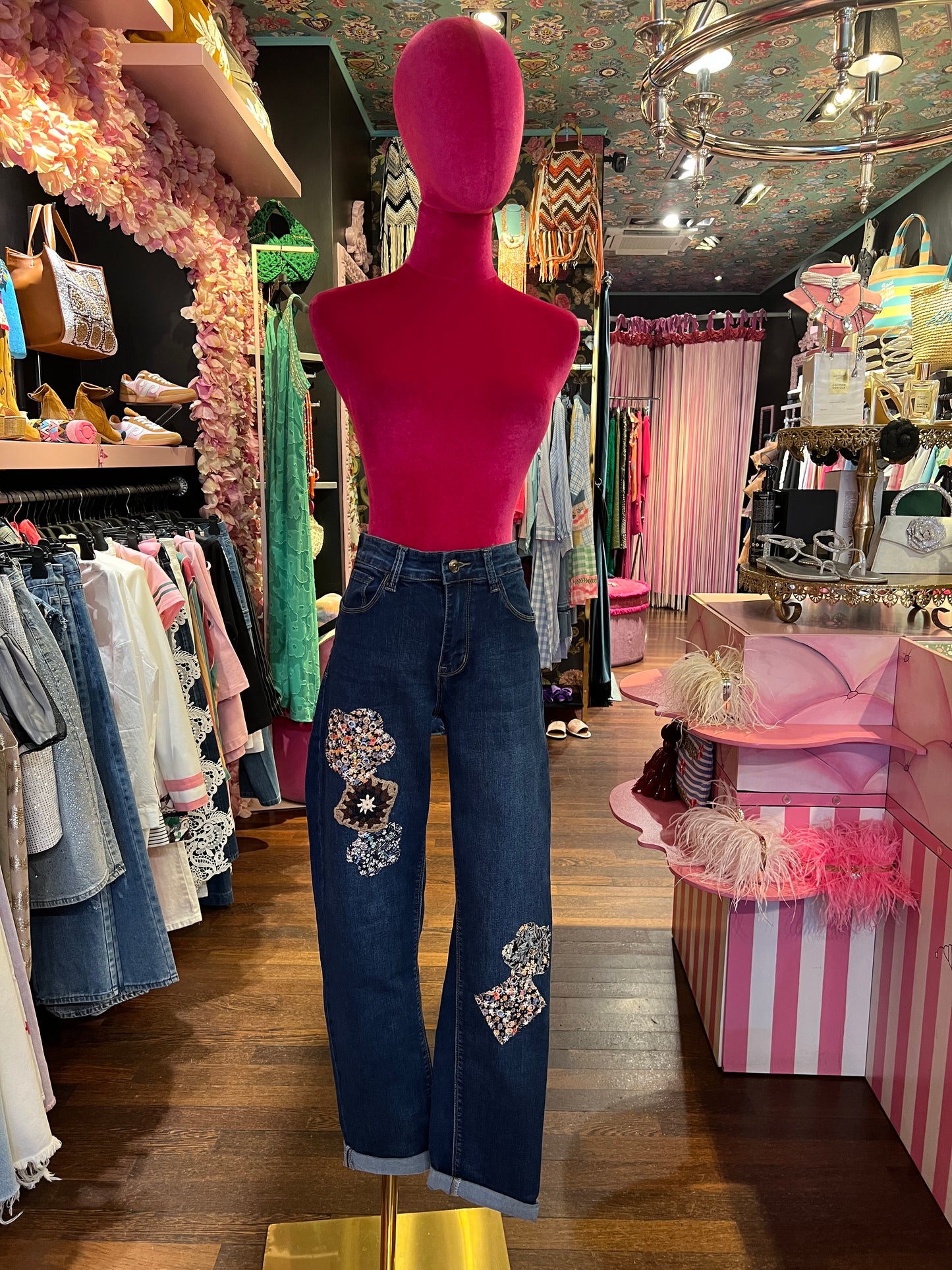 Mon amour Paris jeans fiori crochet elasticizzato medio