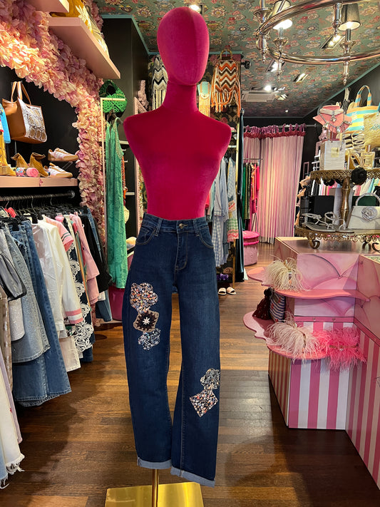 Mon amour Paris jeans fiori crochet elasticizzato medio