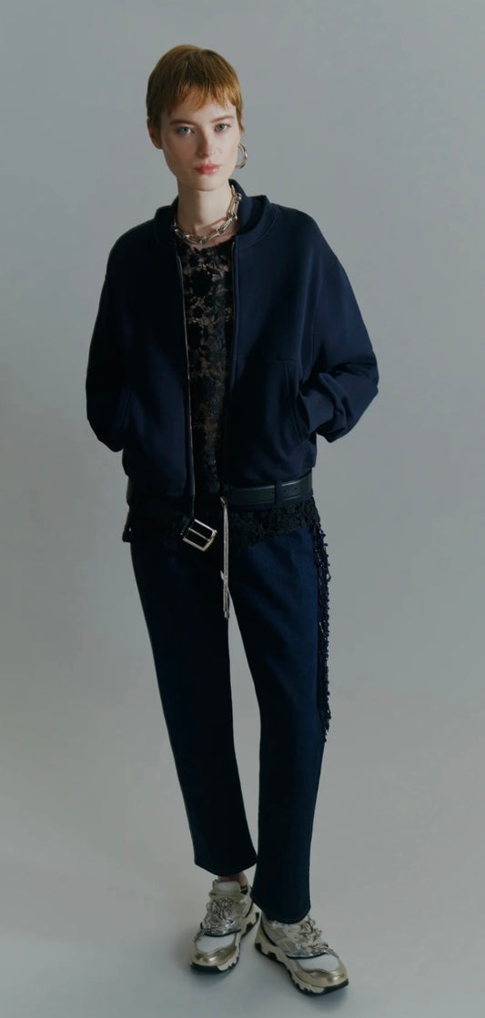 Circus Hotel  jeans denim blu scuro , vita bassa , dettaglio frange gioiello