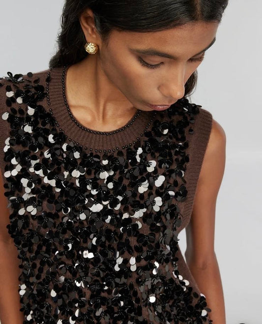 Semicouture gilet cioccolato misto cachemire all over paillettes e perline Lorena