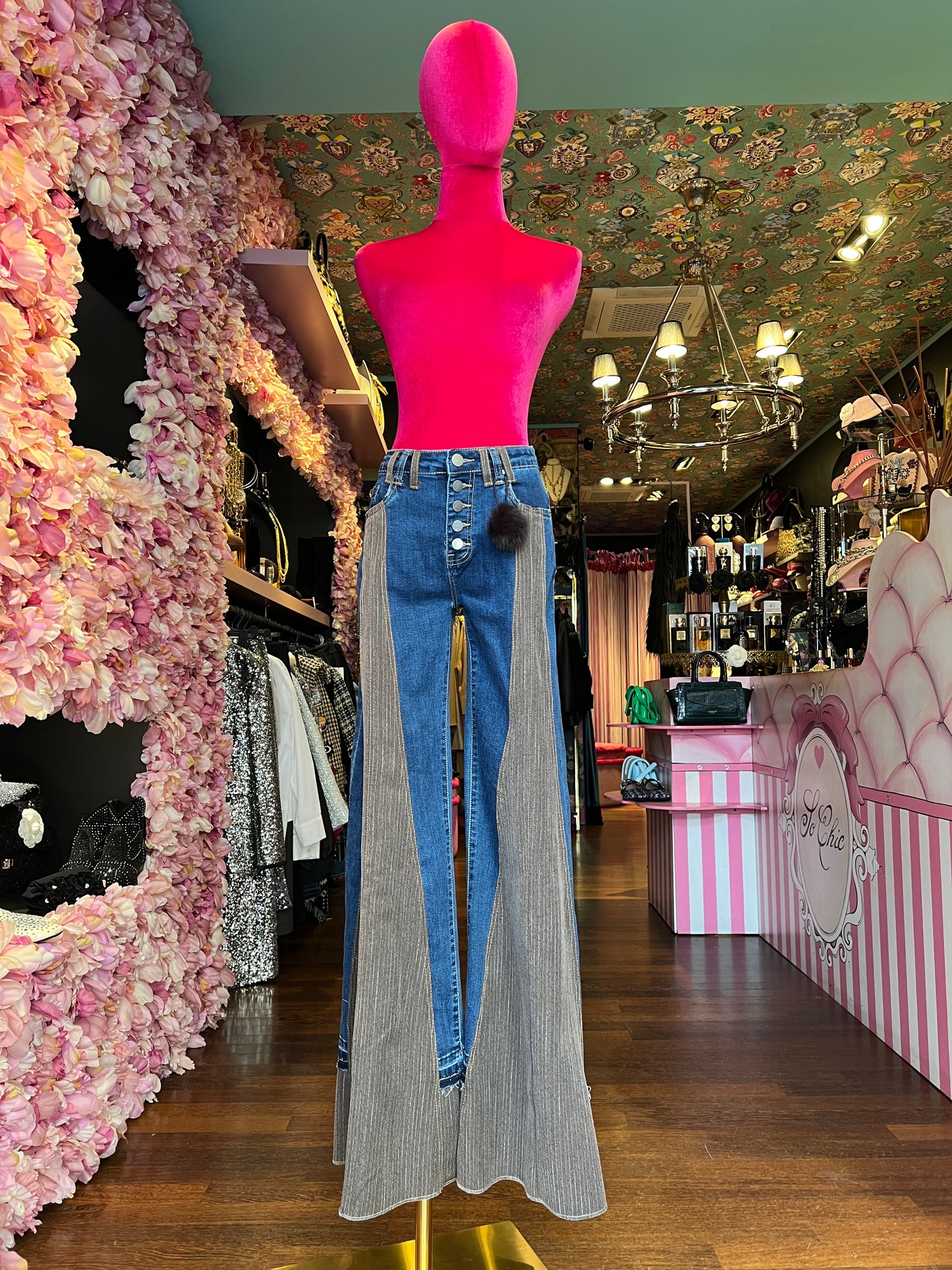 Love & roses jeans denim con spicchi gessati