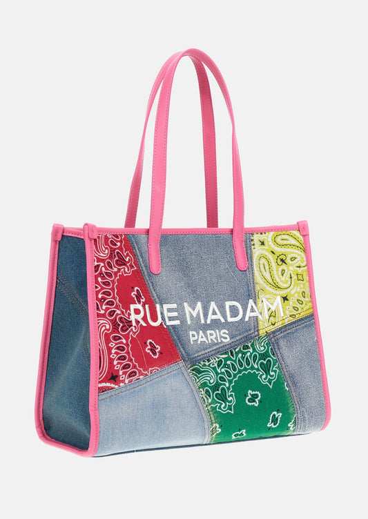 Rue Madam Paris borsa shopping in denim con patch stampa bandana manico fucsia Paisley shopping