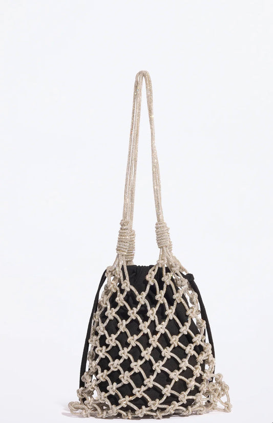 Circus Hotel borsa ad uncinetto in cordoncino strass , interno pochette a sacchettino in suede, colore crystal