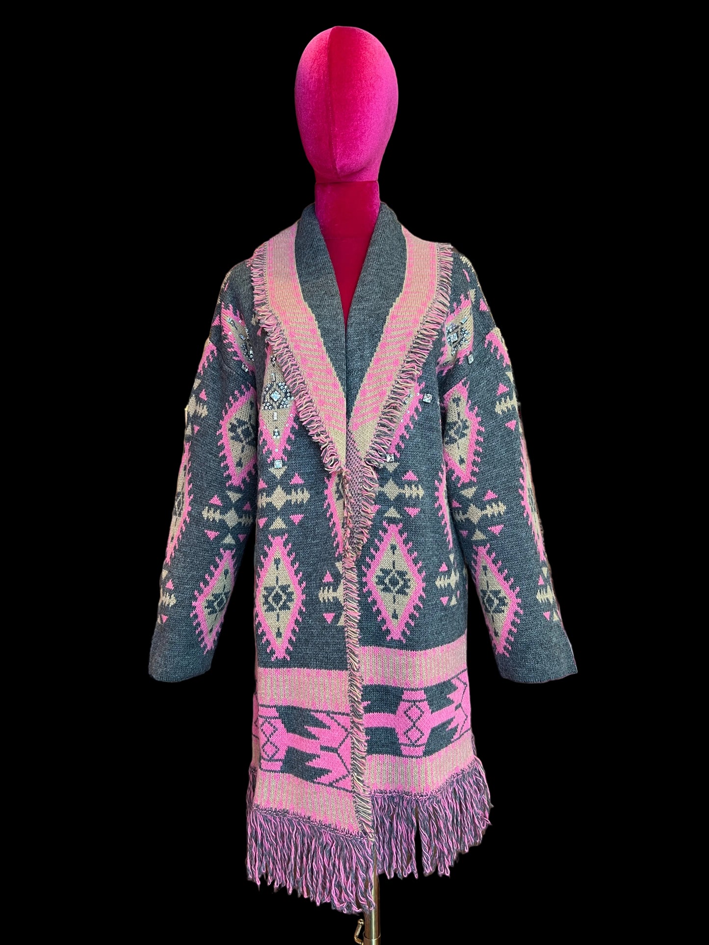 Colour market cardigan jacquard con cinta fucsia strass e frange grigio e fucsia