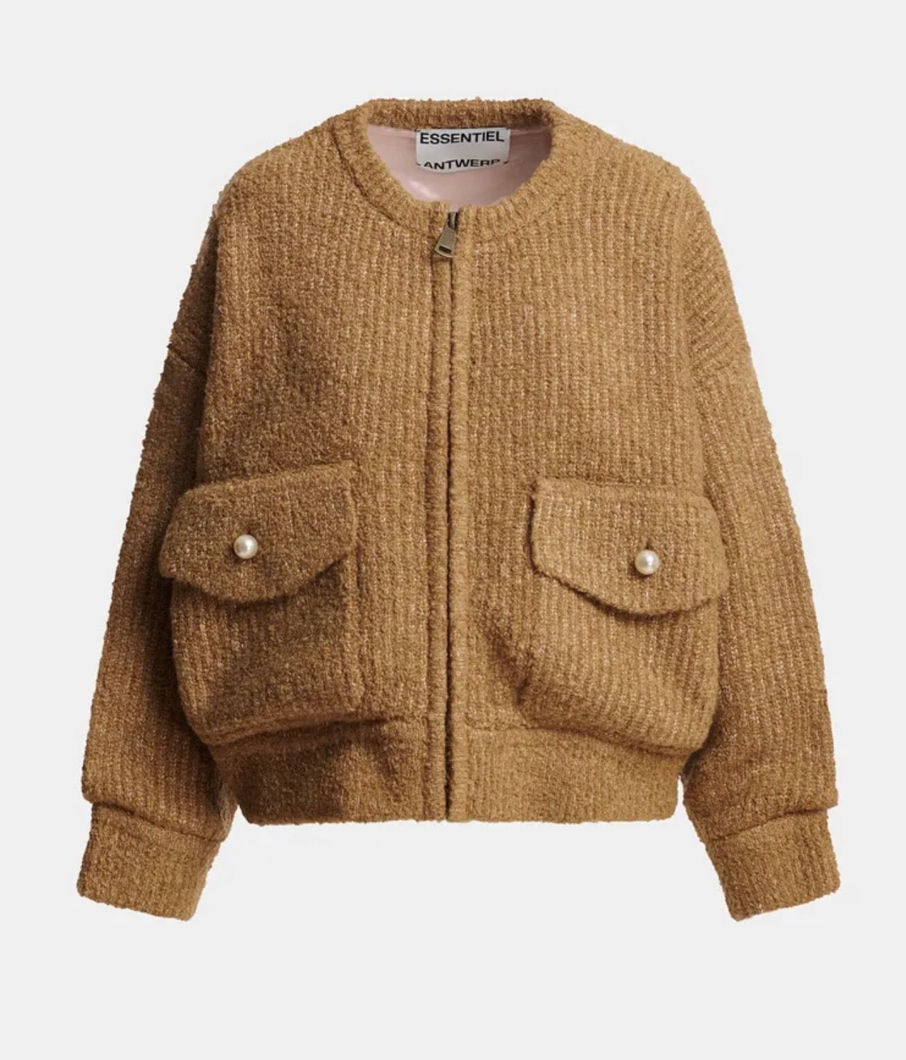 Essentiel antwerp giacca bomber cammello in tessuto boucle’ collo removibile in ecopelliccia rosa chiaro