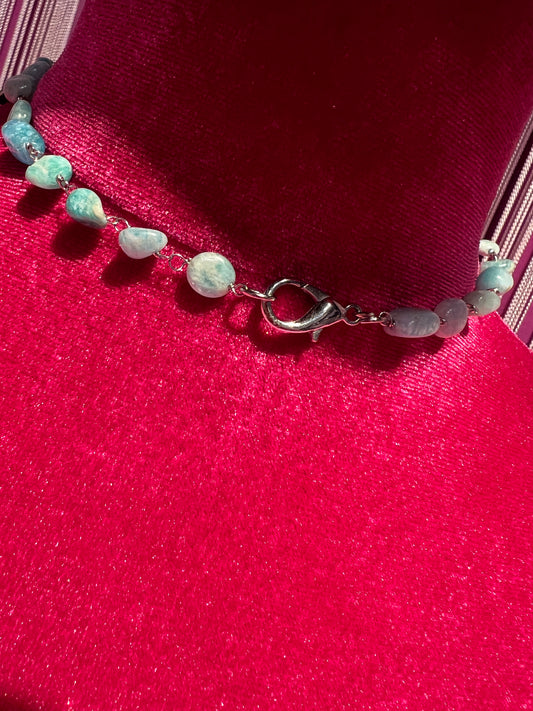 Manuela Ajo creazioni collana pietre dure verde tiffany e immagini sacre argento e verde smeraldo