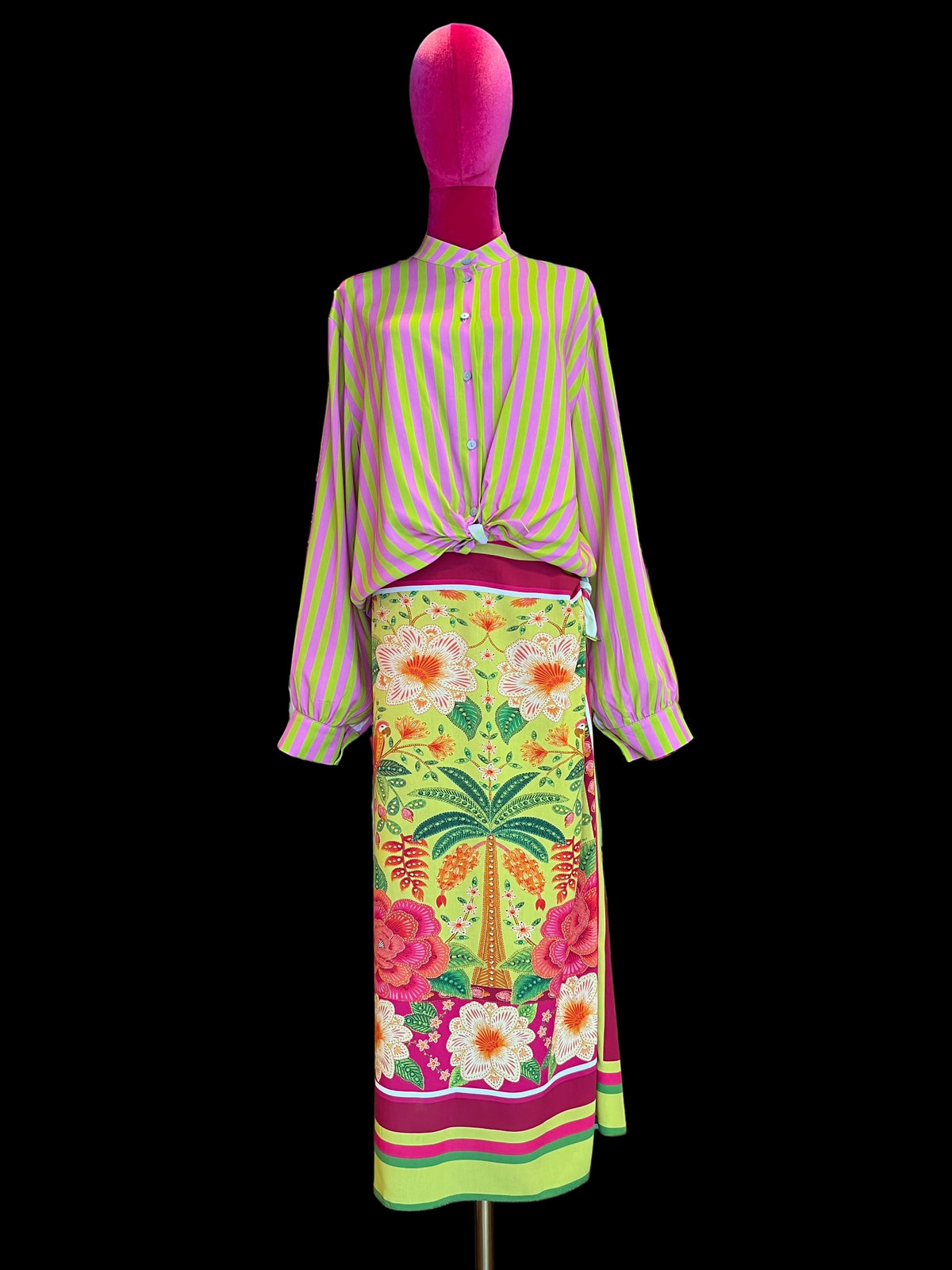 Mon amour Paris completo 100% viscosa camicia a righe e gonna fantasia con allacciatura laterale nodo
