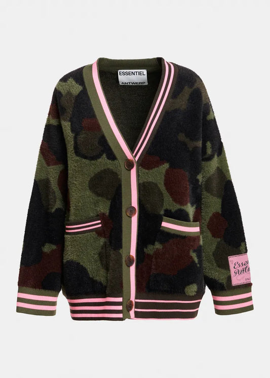 Essentiel antwerp cardigan jacquard mimetico kaki marrone con bordi a righe rosa
