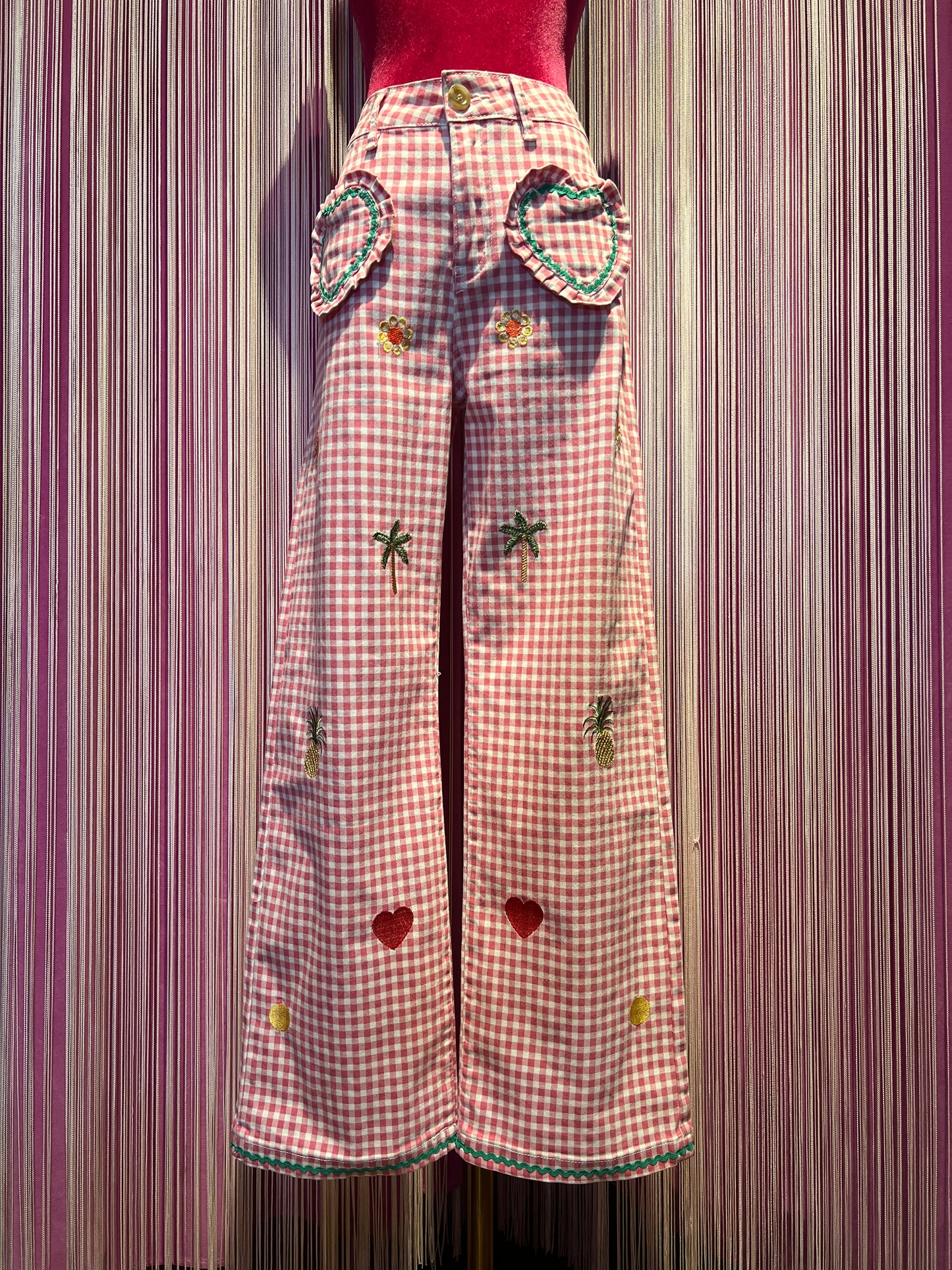 Love & roses pantalone a quadretti rosa e bianco tasche a cuore