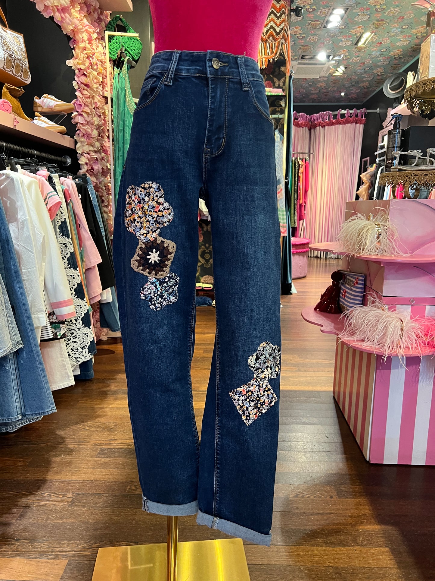 Mon amour Paris jeans fiori crochet elasticizzato medio