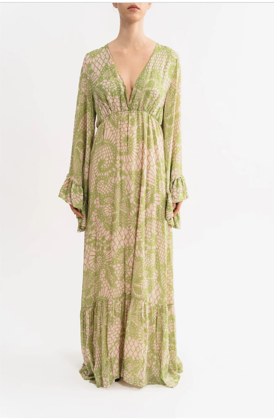 Pink Memories abito kimono stampa pizzo verde e rosa